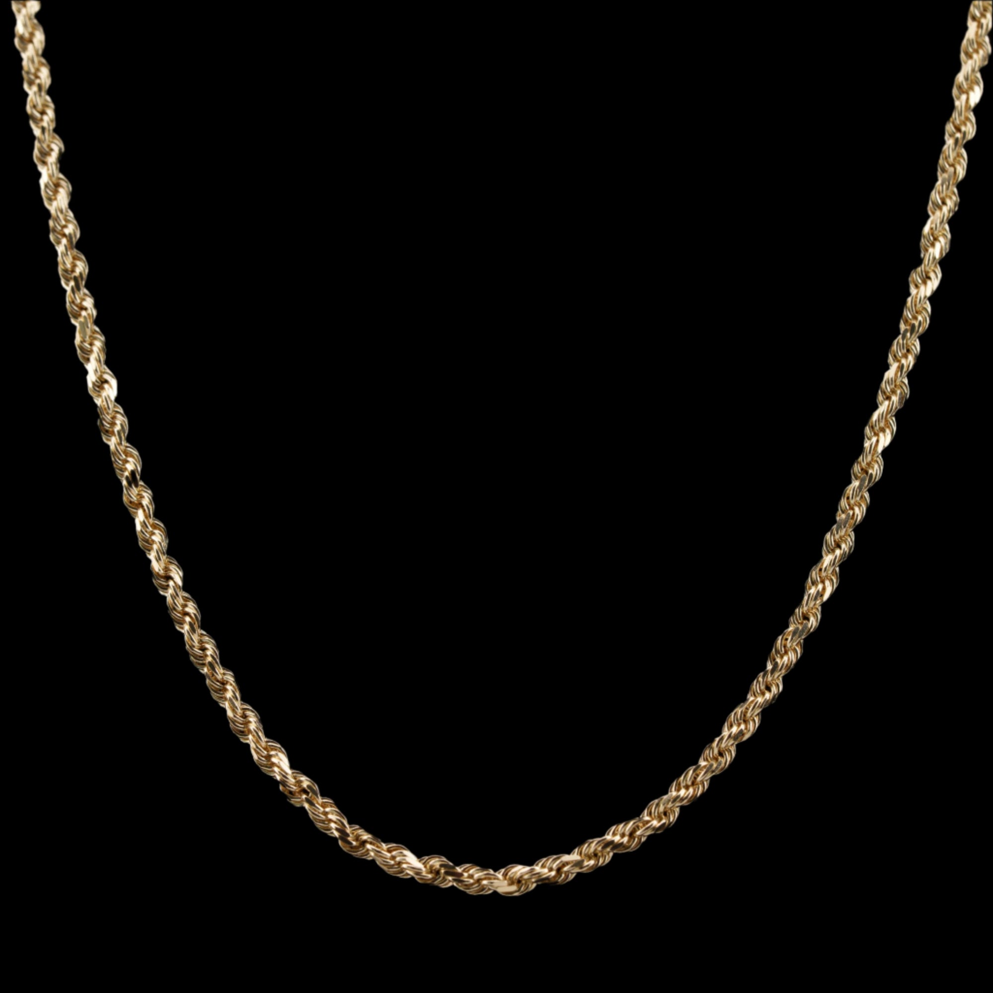 2.5mm diamond-cut rope solid gold chain on a black background