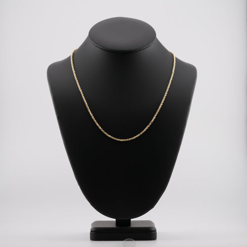 2.5mm diamond-cut rope solid gold chain on a neck display