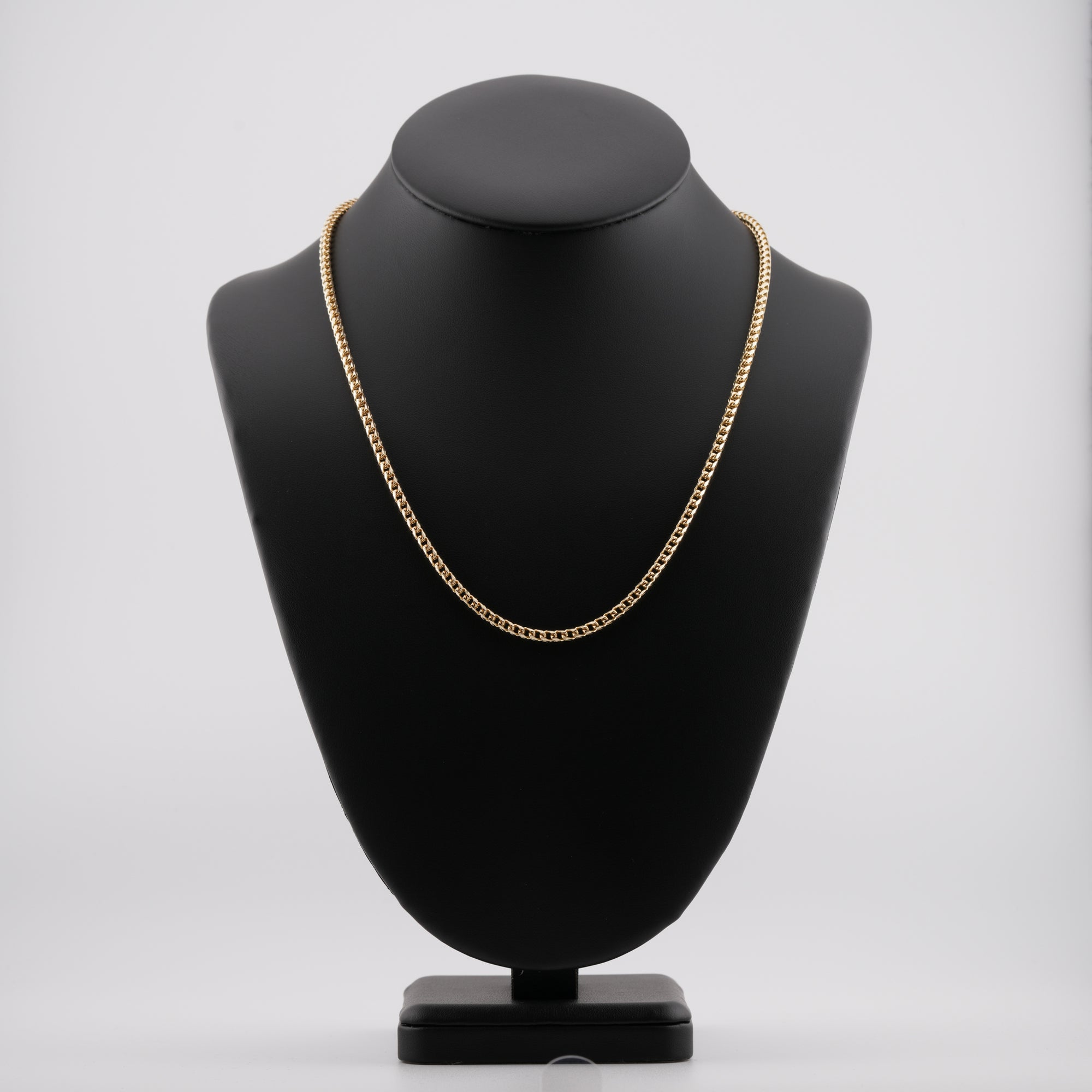 3mm diamond-cut franco solid gold chain on a neck display