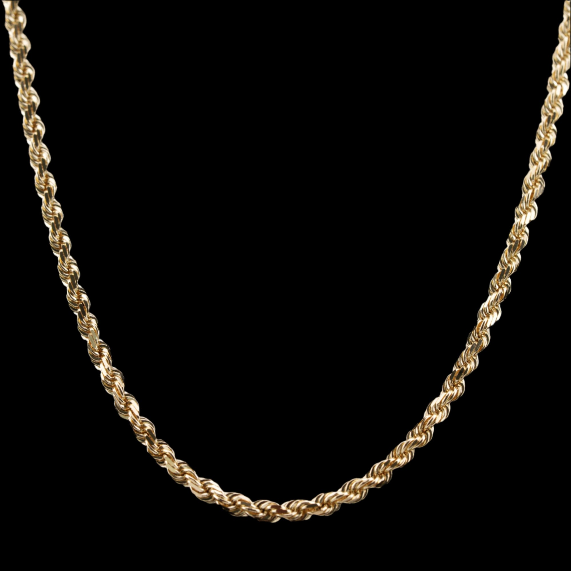 3mm diamond-cut rope solid gold chain on a black background