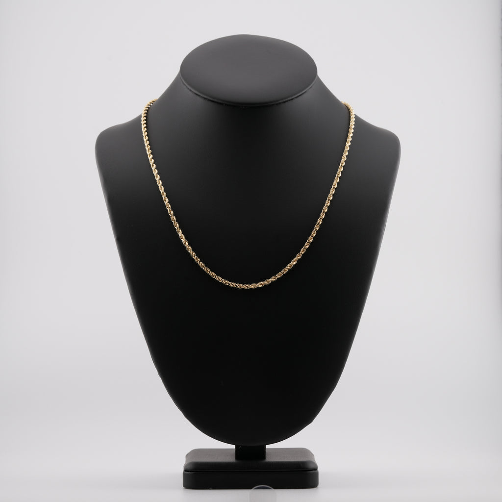 3mm diamond-cut rope solid gold chain on a neck display
