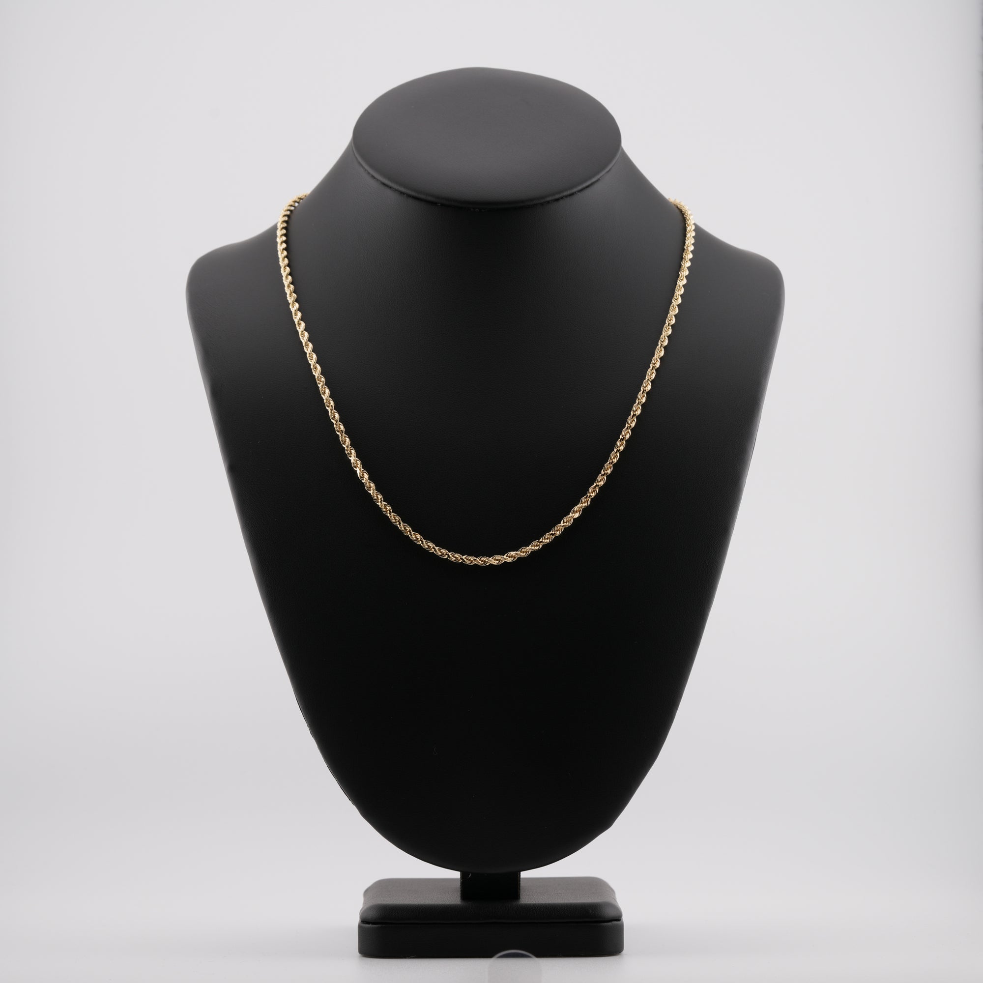 3mm diamond-cut rope solid gold chain on a neck display