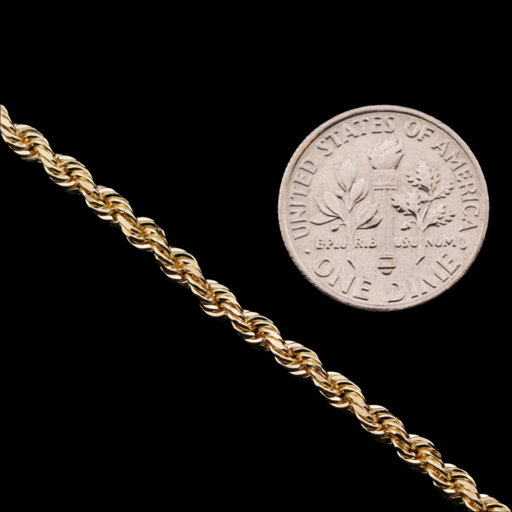 3mm diamond-cut rope solid gold chain next to a dime for size comparison