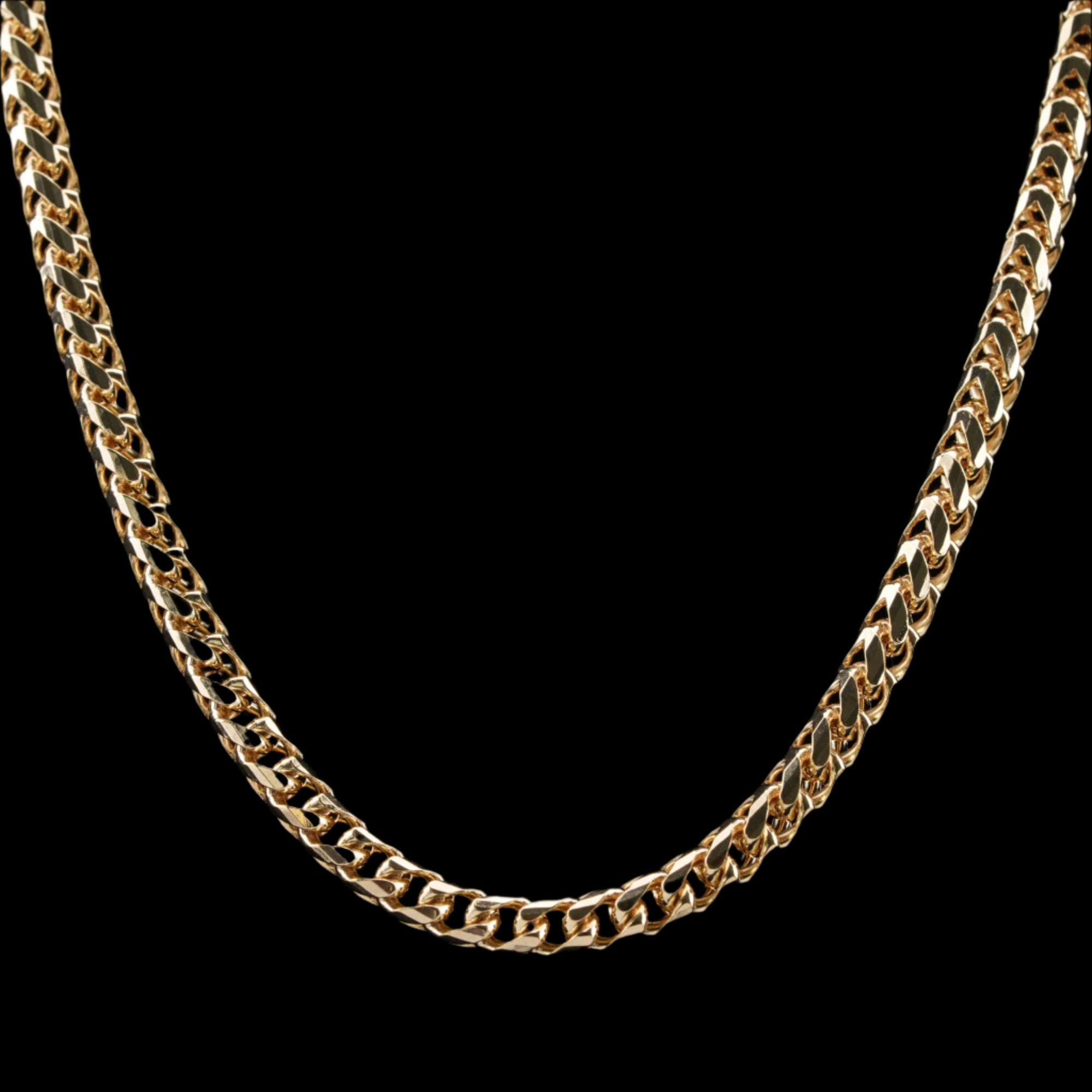 4mm diamond-cut franco solid gold chain on a black background