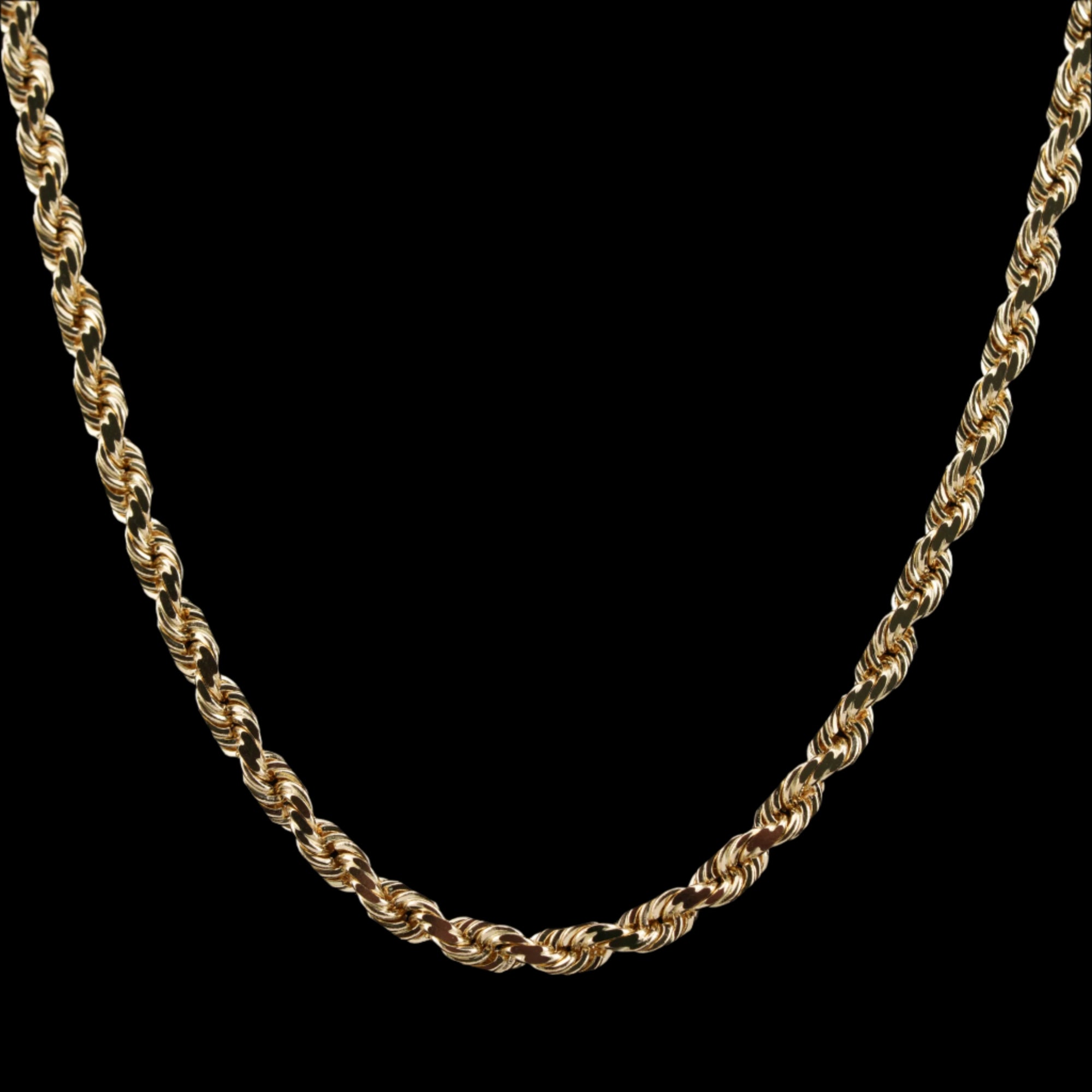 4mm diamond-cut rope solid gold chain on a black background