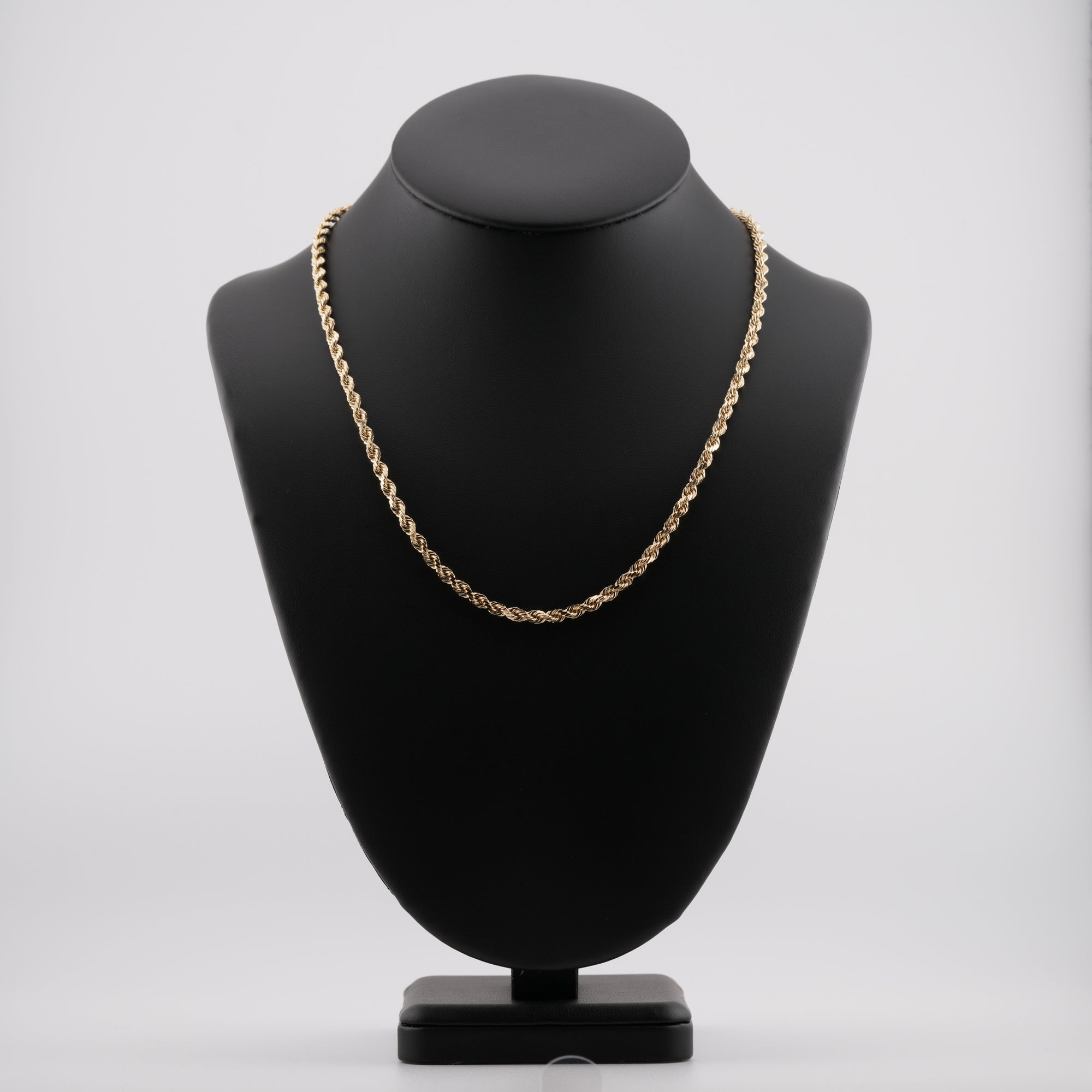 4mm diamond-cut rope solid gold chain on a neck display