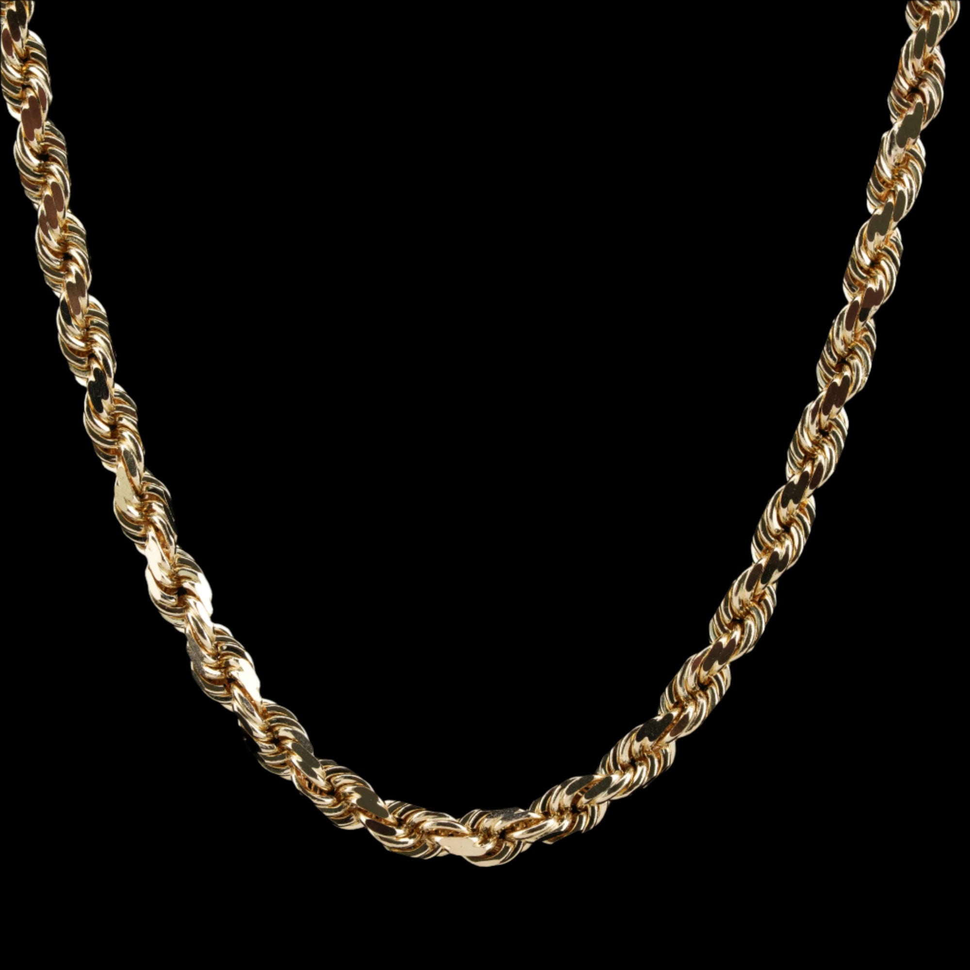 5mm diamond-cut rope solid gold chain on a black background