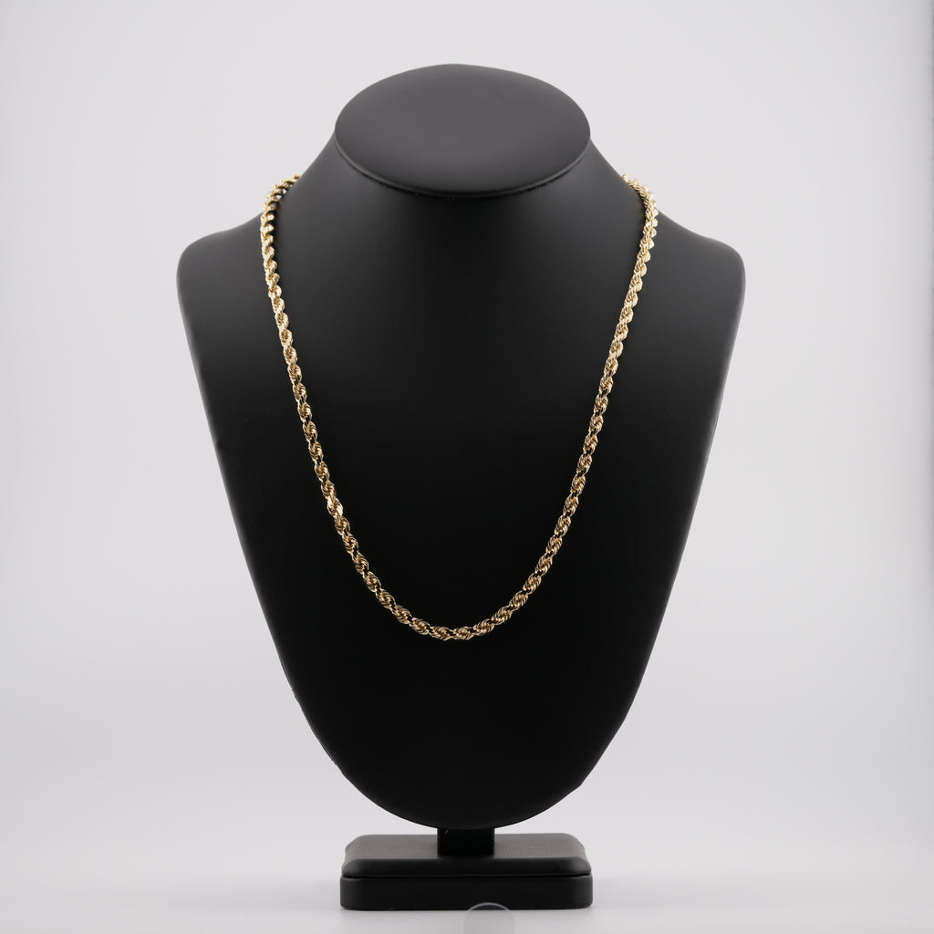 5mm diamond-cut rope solid gold chain on a neck display