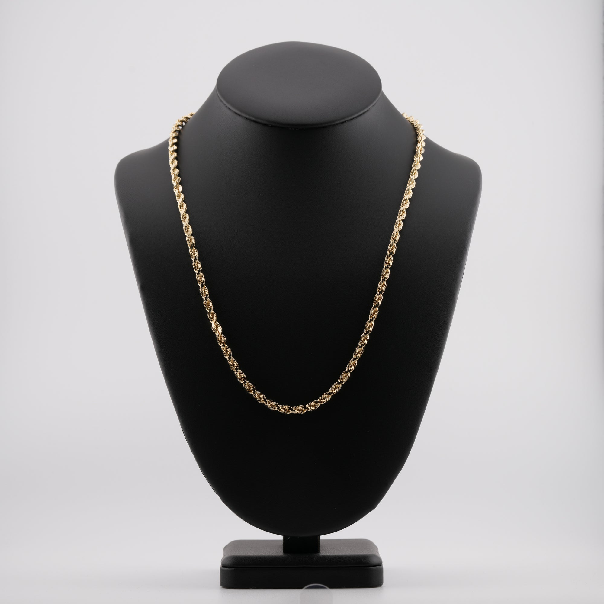 5mm diamond-cut rope solid gold chain on a neck display