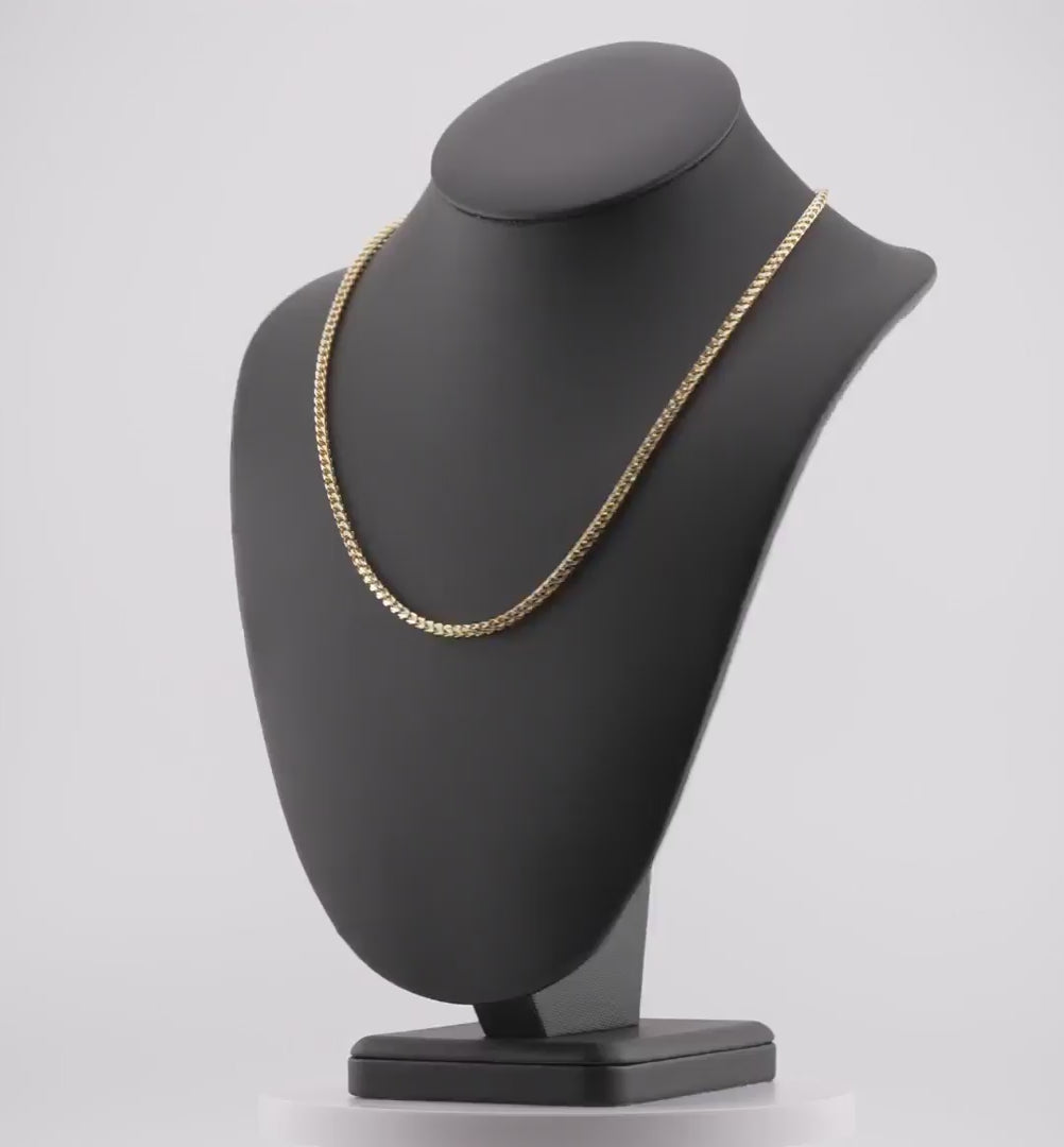 Video of a 3mm diamond-cut franco solid gold chain spinning on a neck display