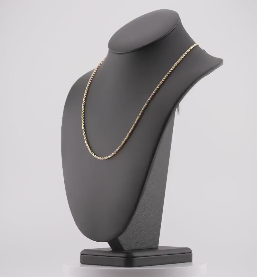 Video of a 2.5mm diamond-cut rope solid gold chain spinning on a neck display
