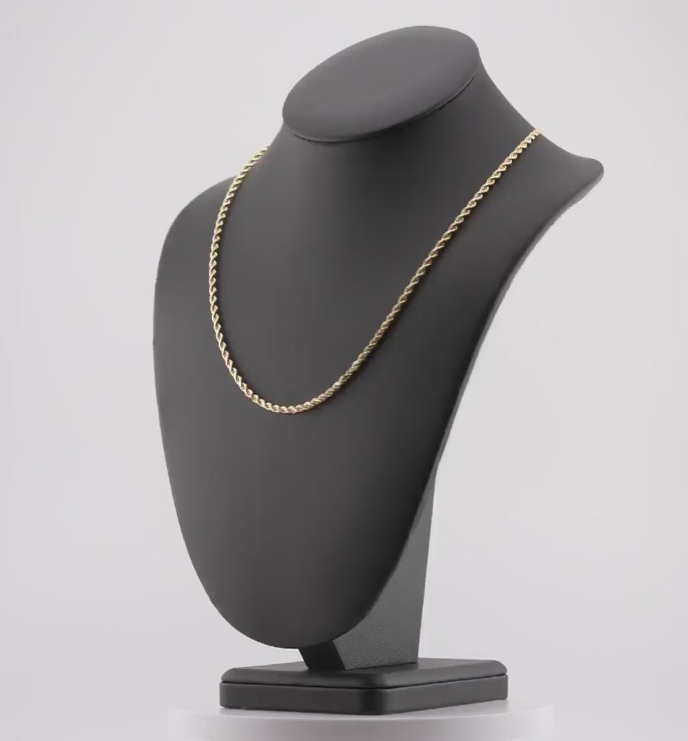Video of a 3mm diamond-cut rope solid gold chain spinning on a neck display
