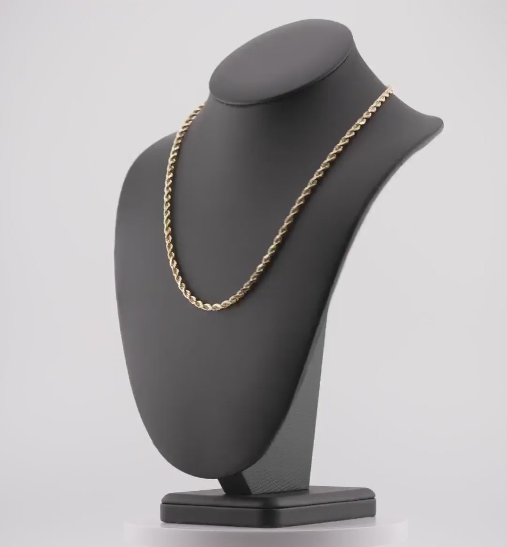 Video of a 4mm diamond-cut rope solid gold chain spinning on a neck display